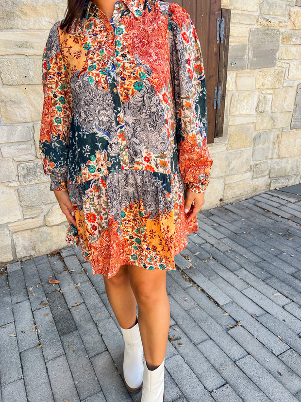 Navy Patchwork Printed Mini Dress