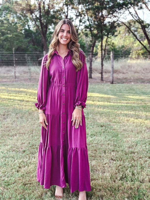 Magenta Puff Sleeve Maxi Dress