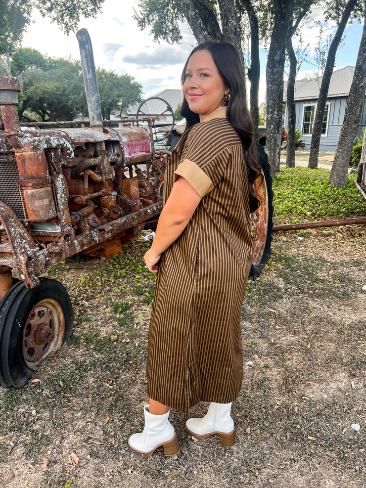 Chateau Charm Striped Dress - Brown/Gold