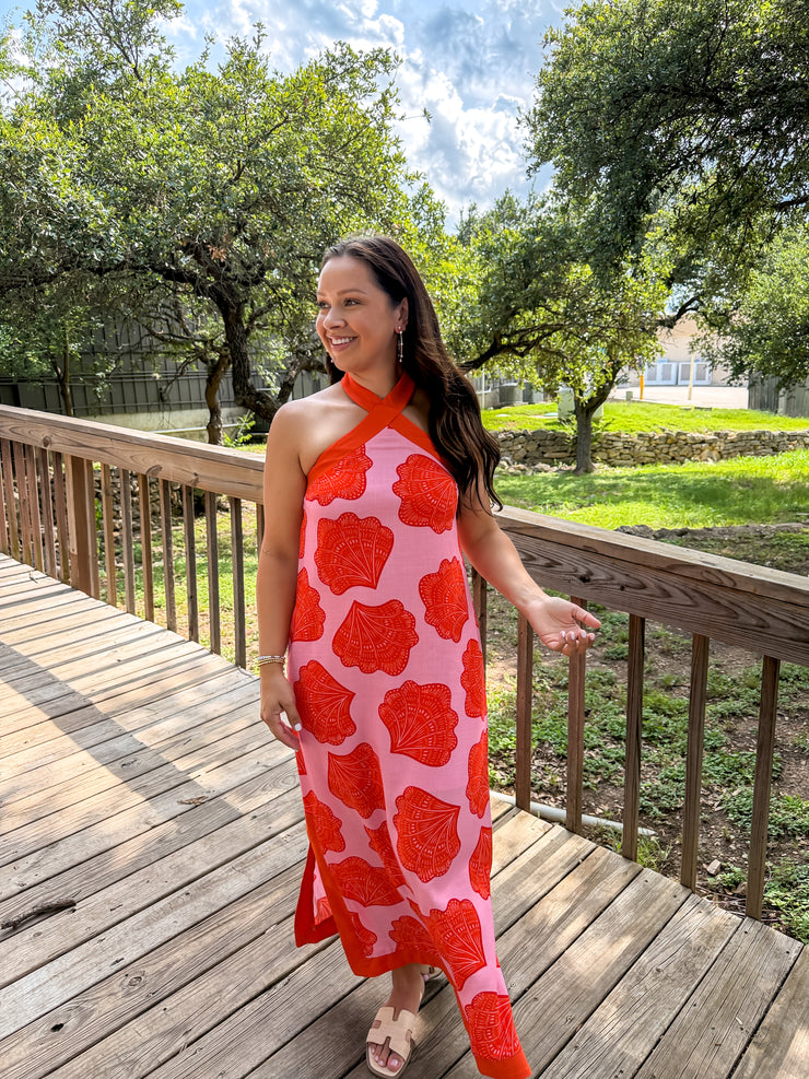 endless summer maxi dress Shell Print Halter Neck L / Pink RUNS_LARGE Variant:Size 10 contemporary fashion for lifes Ladies Office Wear -