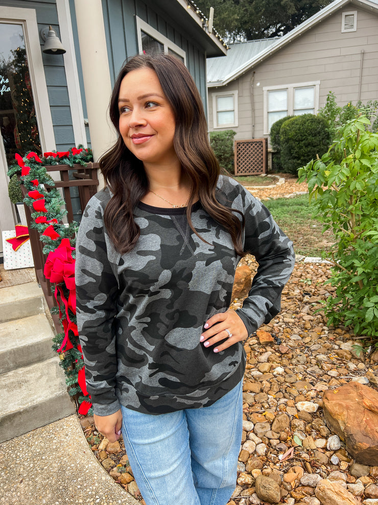 Camo Pullover Top - Grey