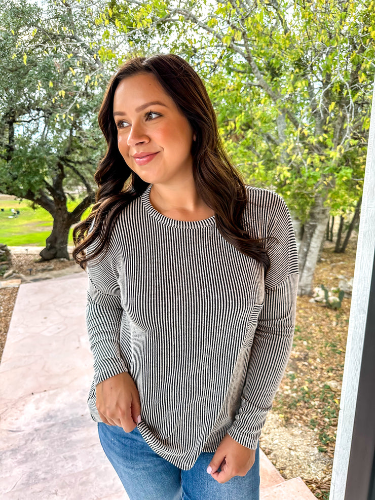 Long Sleeve Ribbed Top - Black