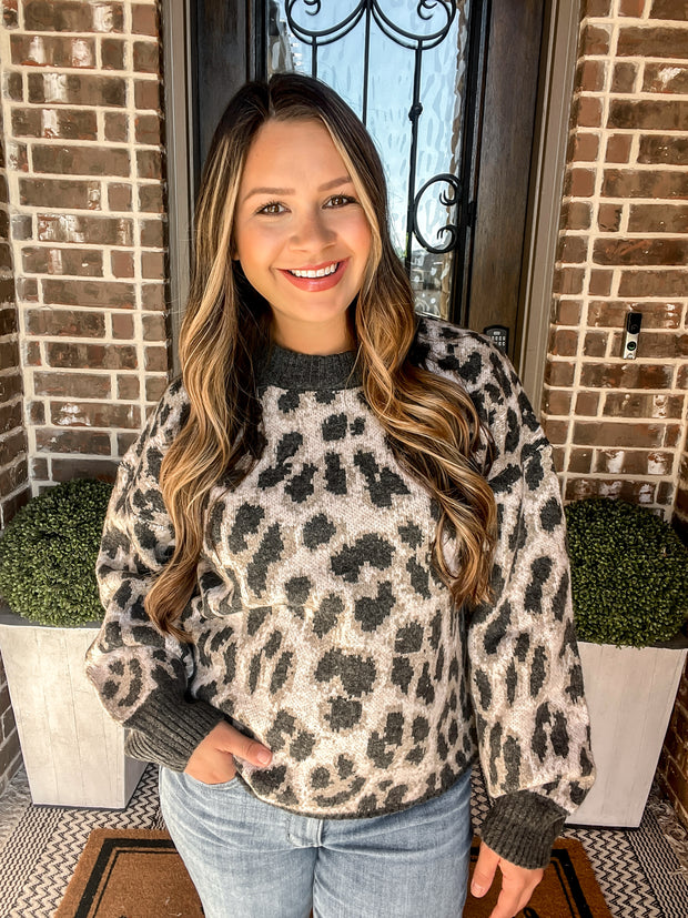 Leopard Knit Sweater - Charcoal