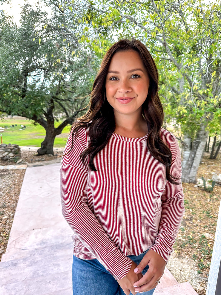 Long Sleeve Ribbed Top - Red