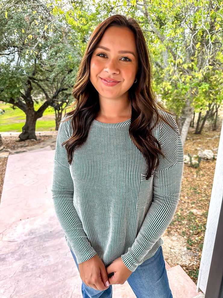 Long Sleeve Ribbed Top - Dark Green