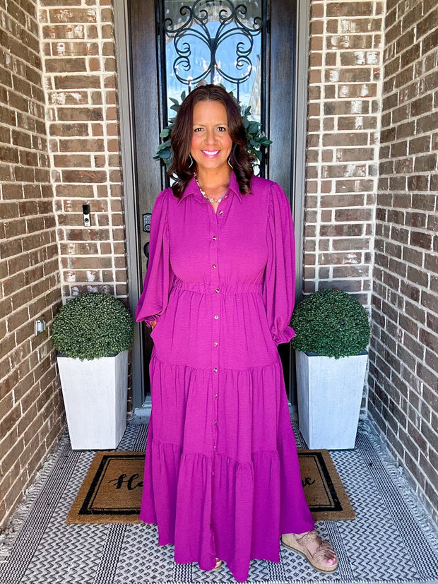 Magenta Puff Sleeve Maxi Dress