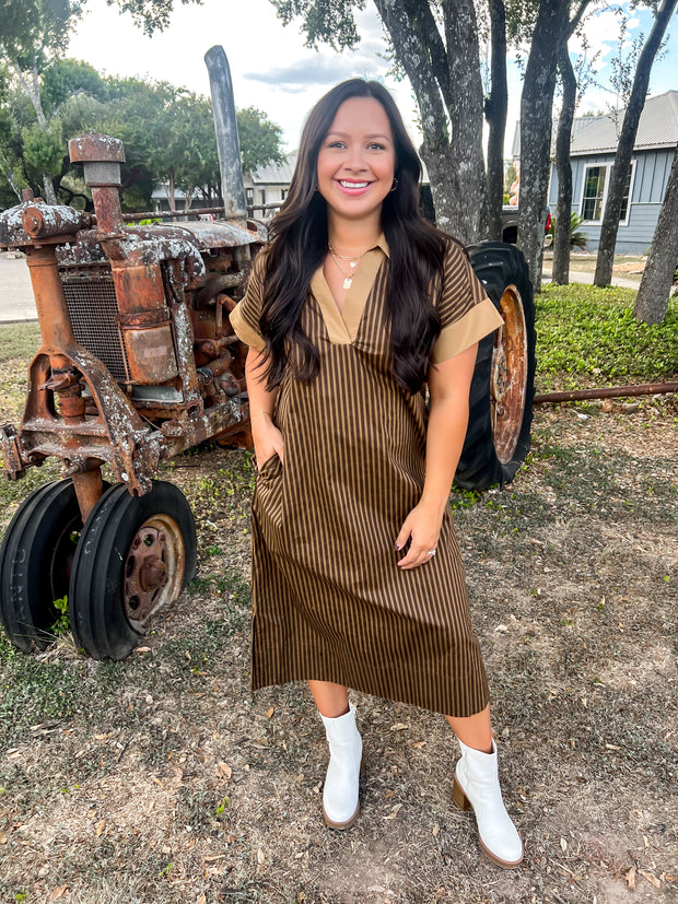 Chateau Charm Striped Dress - Brown/Gold