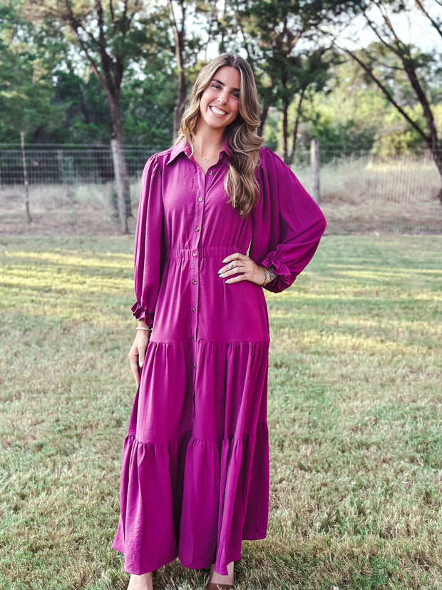 Magenta Puff Sleeve Maxi Dress