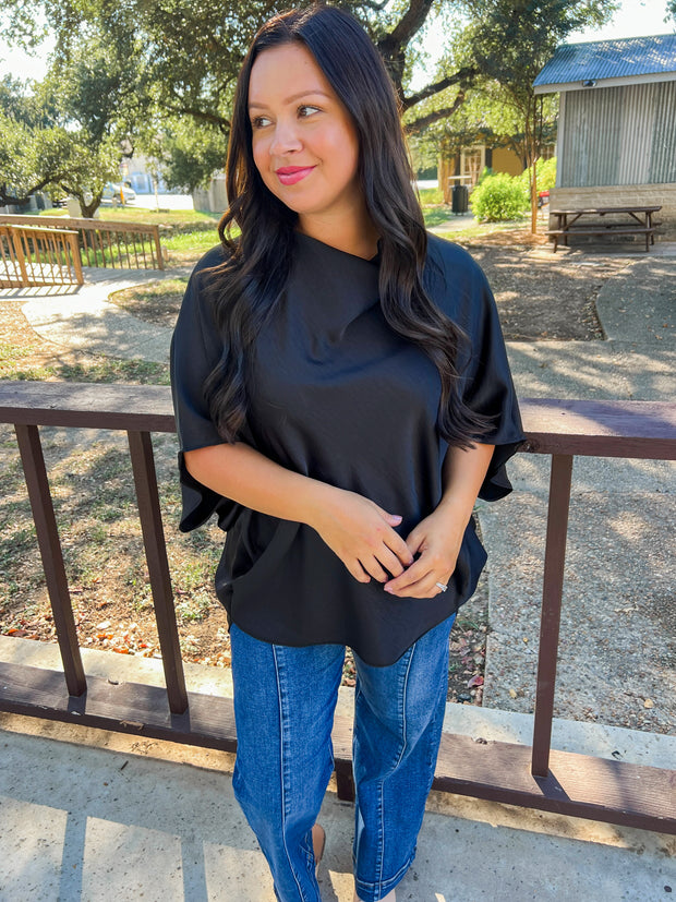 Cowl Neck Satin Top - Black