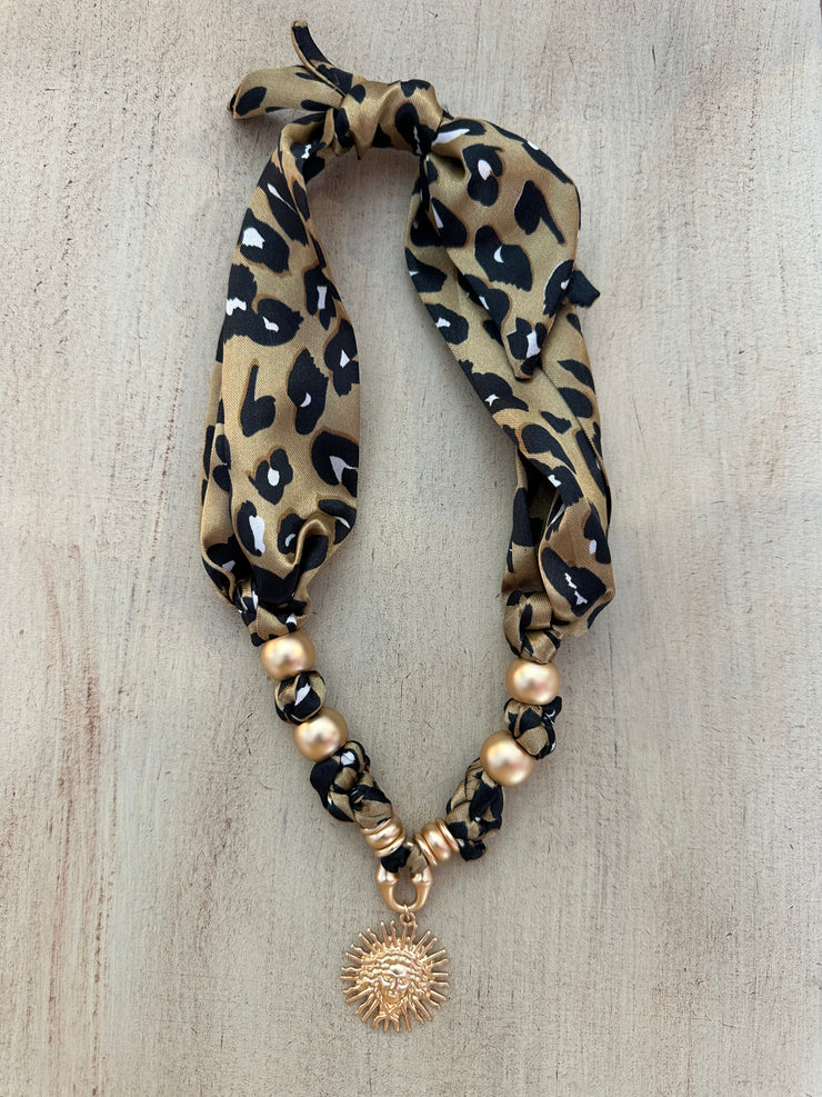 Scarf Necklace with Sunburst Charm - Cheetah