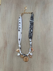 Scarf Necklace with Coin, Bow, & Pearl Charms - Black