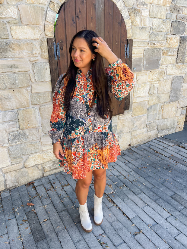 Navy Patchwork Printed Mini Dress