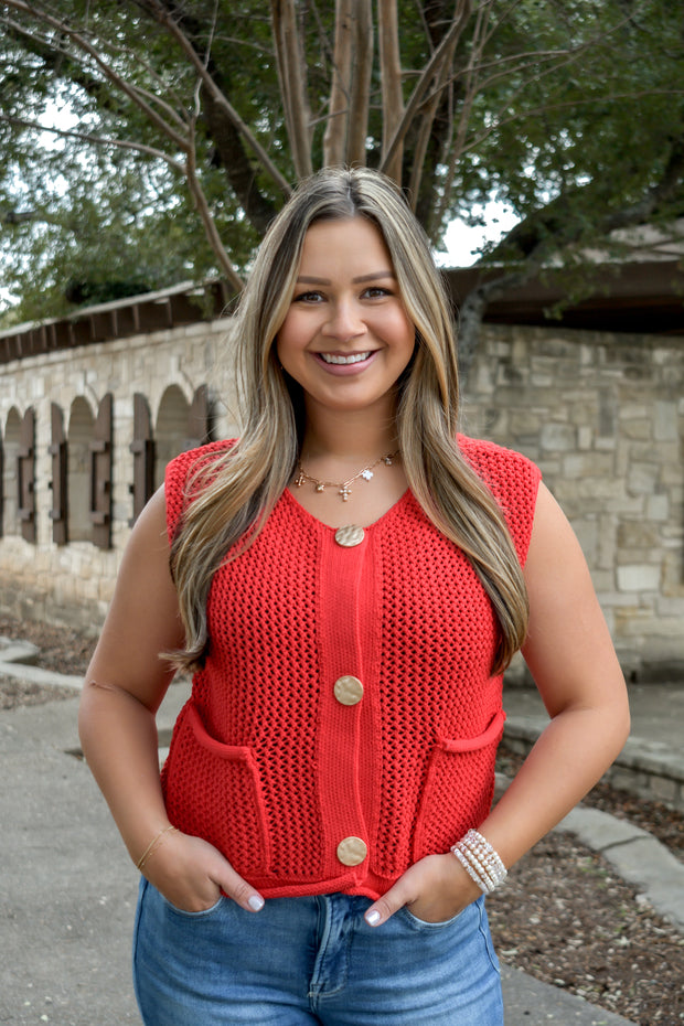 Sleeveless Red Knit Sweater Cardigan