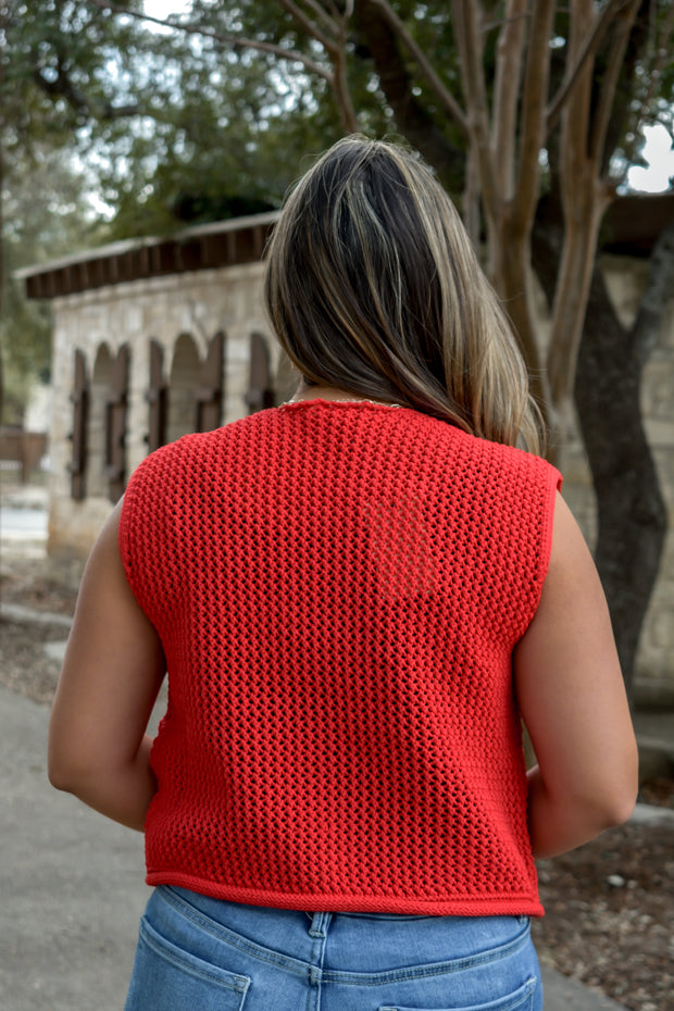 Sleeveless Red Knit Sweater Cardigan