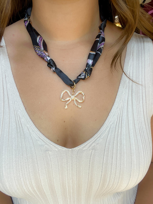 Scarf Necklace with Bow Charm - Black