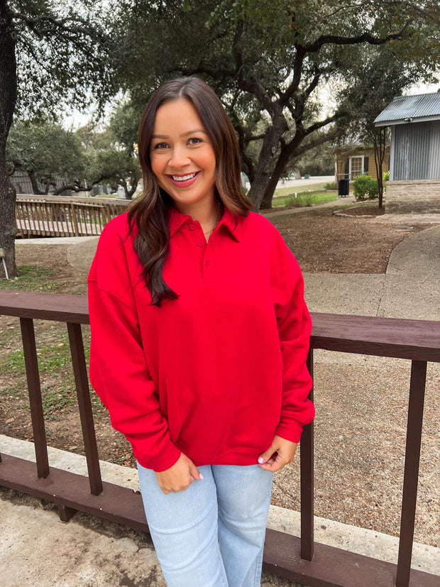 Polo Collared Oversized Top - Red