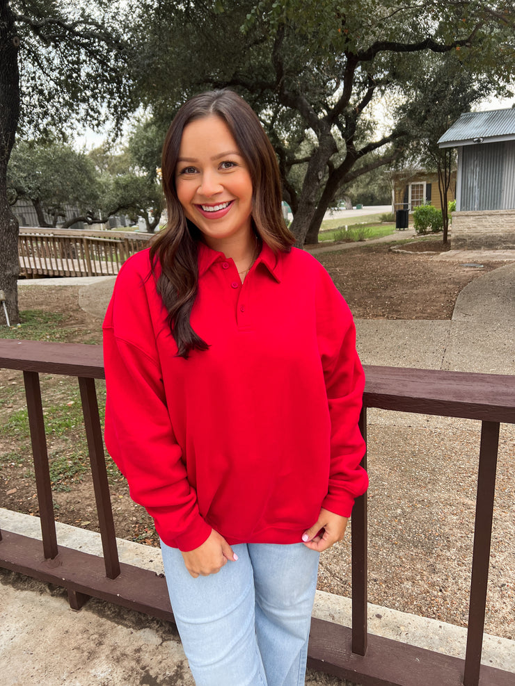 Polo Collared Oversized Top - Red