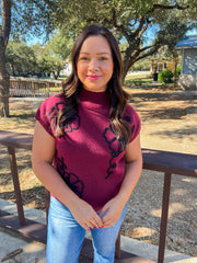 Burgundy Floral Trimmed Sweater Knit Top