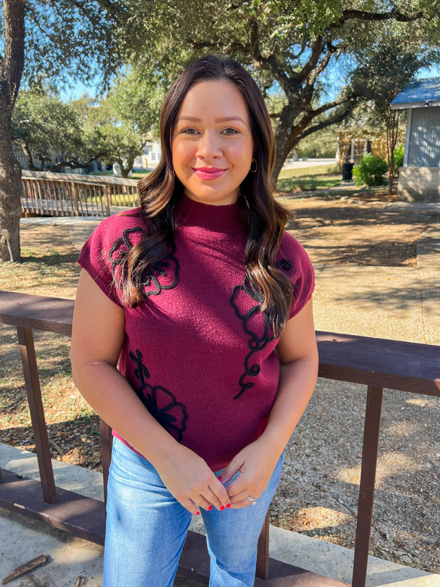 Burgundy Floral Trimmed Sweater Knit Top