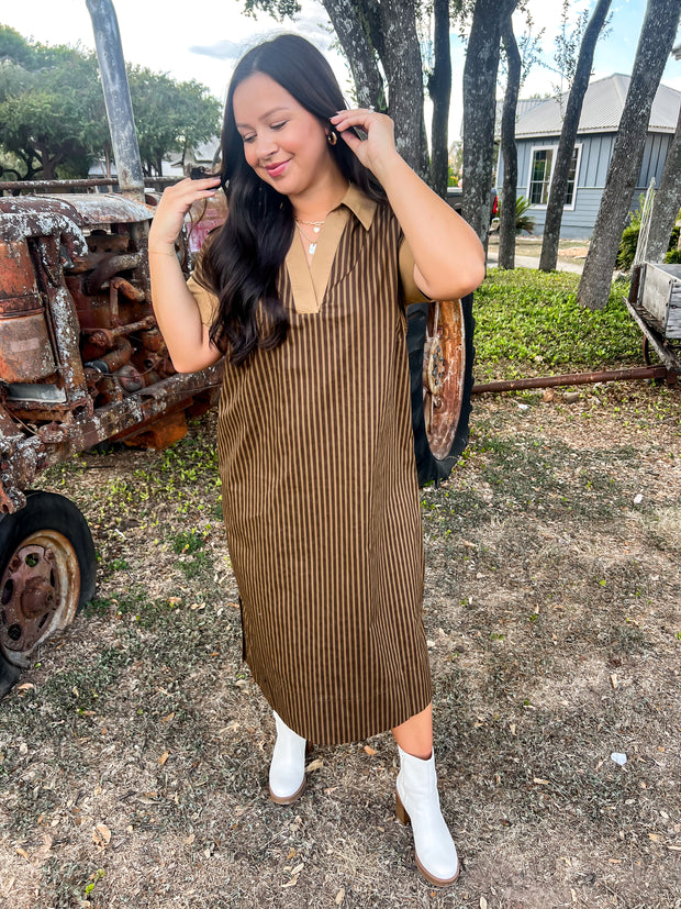 Chateau Charm Striped Dress - Brown/Gold