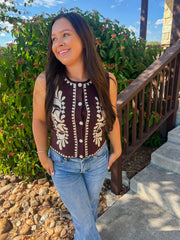 Embroidered Sleeveless Knitted Vest - Brown