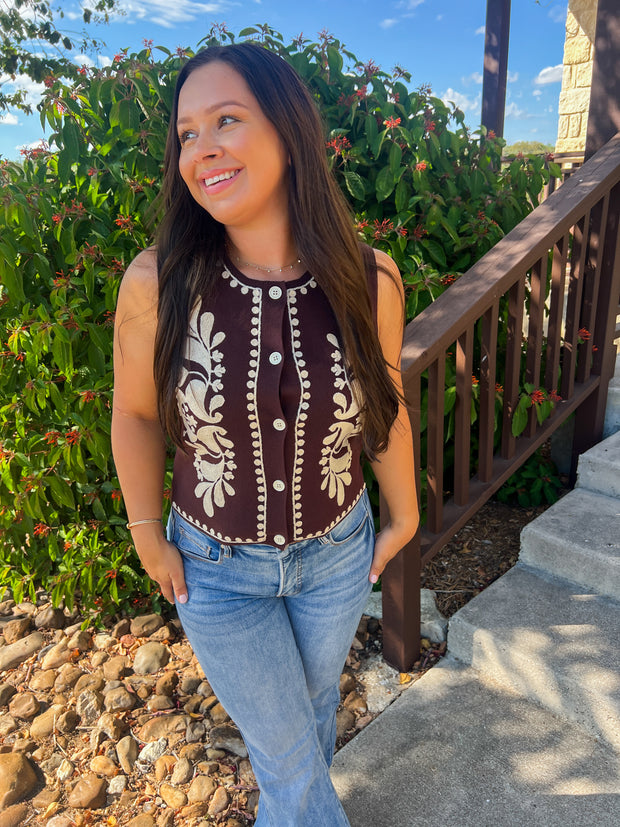 Embroidered Sleeveless Knitted Vest - Brown