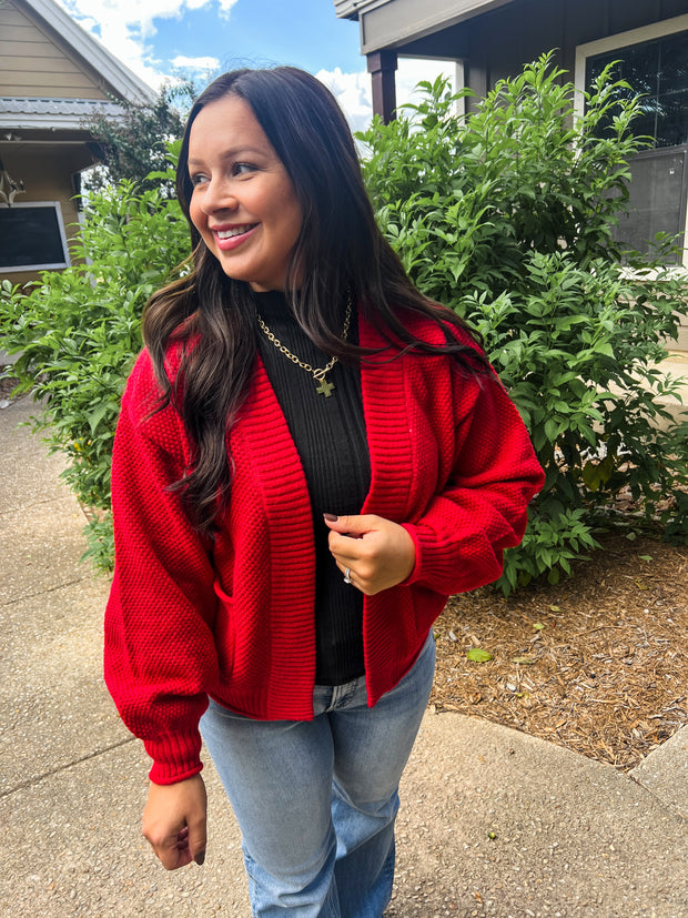 Textured Knit Cardigan - Red