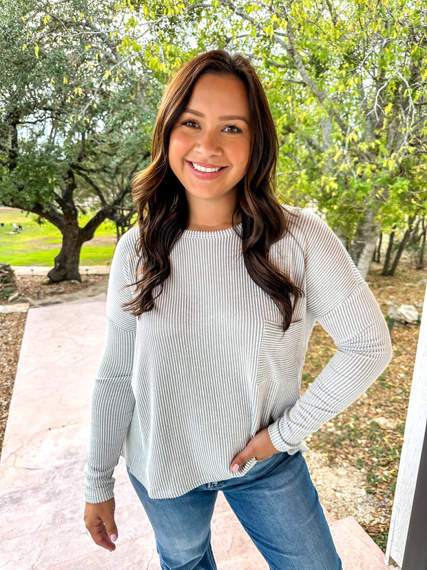Long Sleeve Ribbed Top - Light Grey