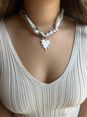 Scarf Necklace with White Pearl Heart Charm - Grey/White