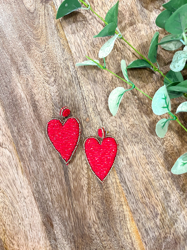 Red & Gold Heart Beaded Earrings