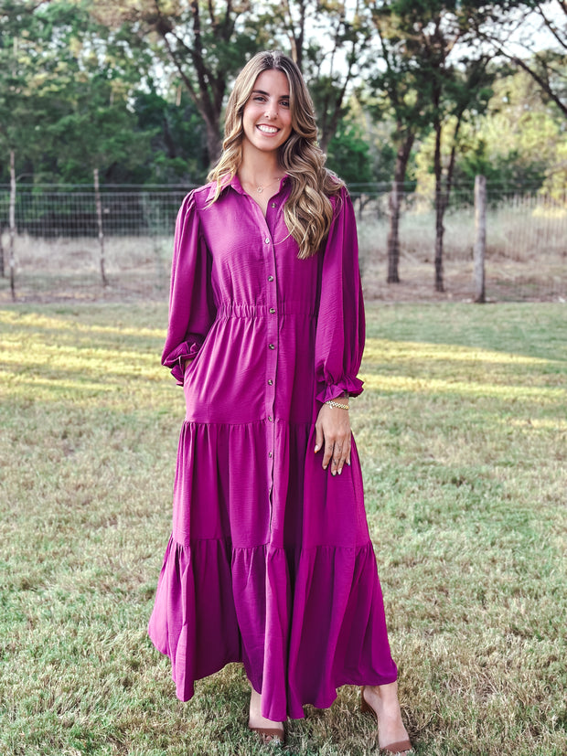 Magenta Puff Sleeve Maxi Dress