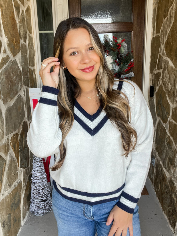 Country Club Navy Knit Sweater - White