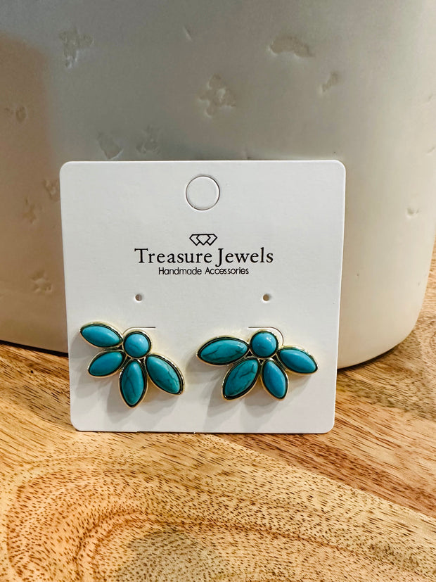 Half Turquoise Flower Gold Earrings