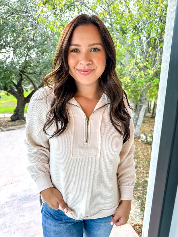 Wonderland Waffle Knit Pullover Top - Cream