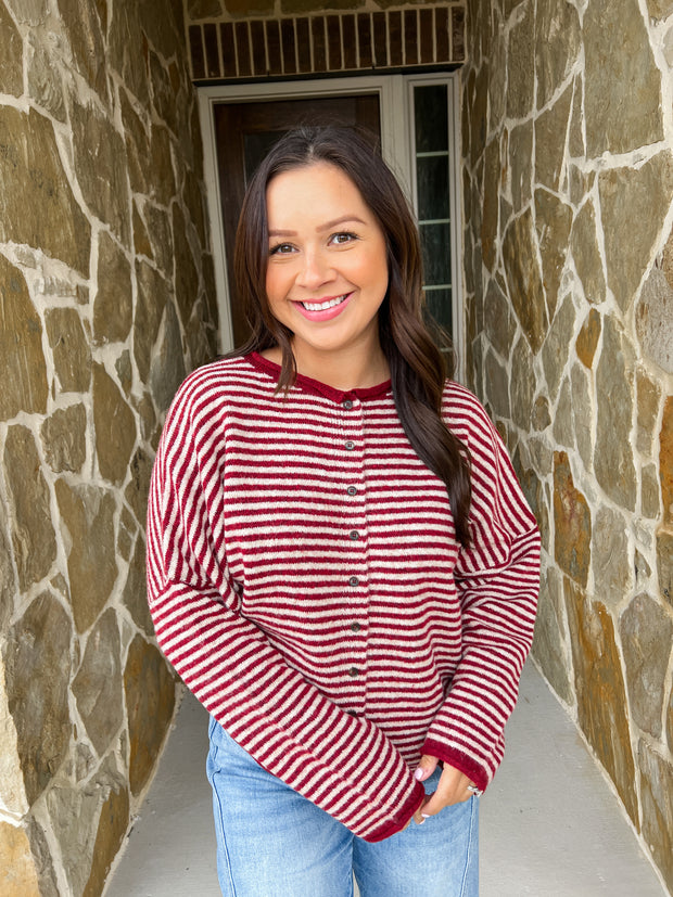 Tree Farm Striped Cardigan - Deep Red