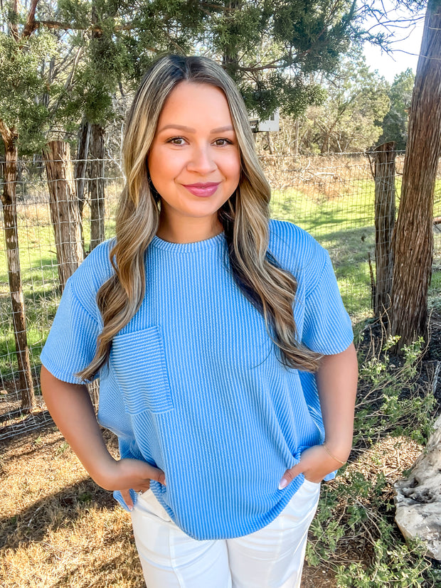 Step Into Spring Ribbed Top - Sky