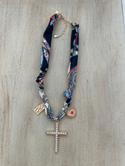 Scarf Necklace with Pearl Cross - Navy