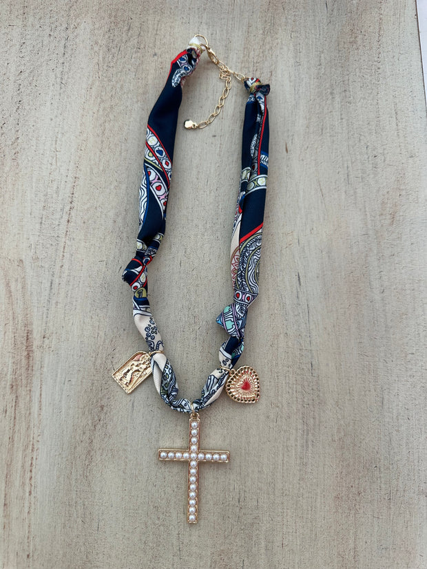 Scarf Necklace with Pearl Cross - Navy