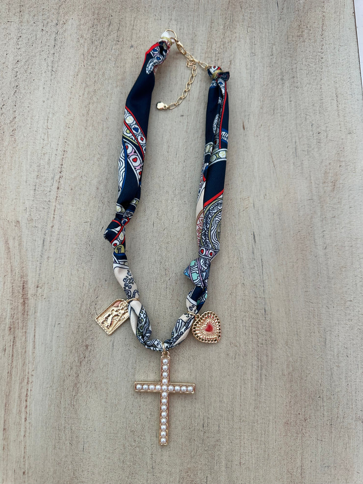 Scarf Necklace with Pearl Cross - Navy