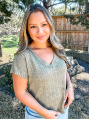 Textured V-Neck Top - Olive