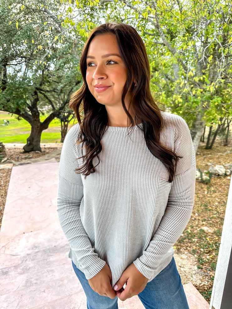 Long Sleeve Ribbed Top - Light Grey