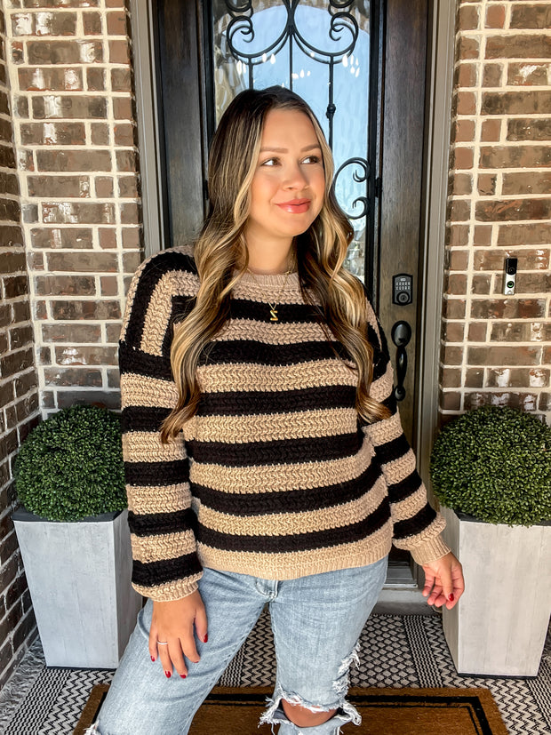 Striped Pullover Knit Sweater - Black