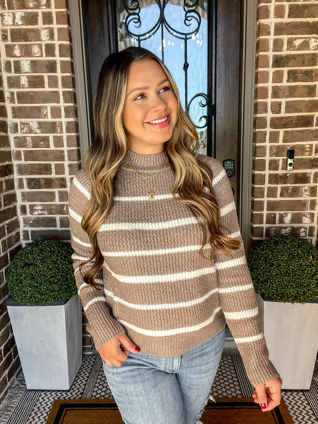 High Neck Striped Sweater - Taupe