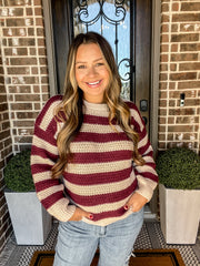 Striped Pullover Knit Sweater - Burgundy