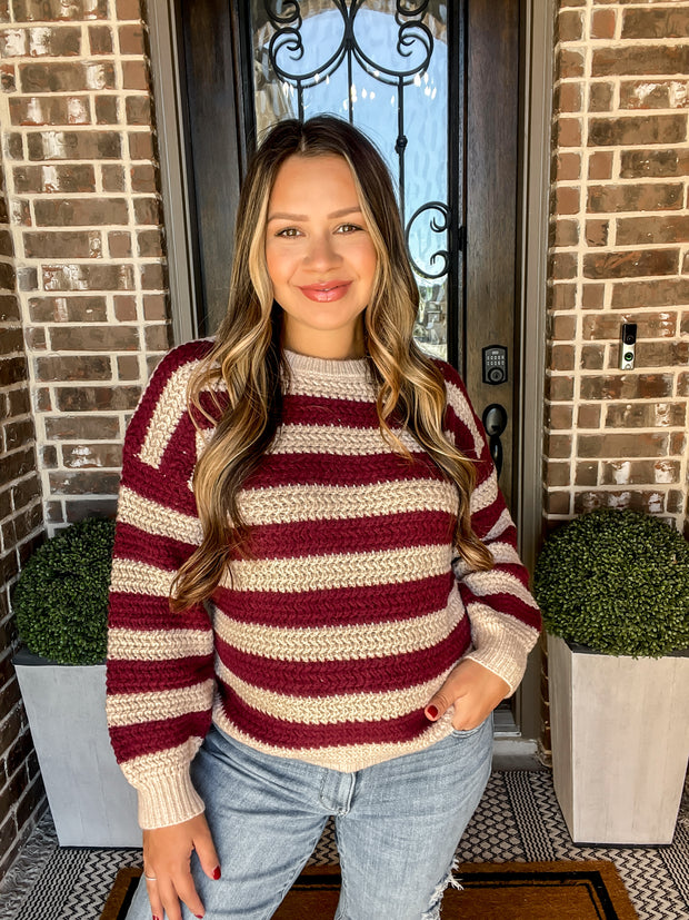 Striped Pullover Knit Sweater - Burgundy