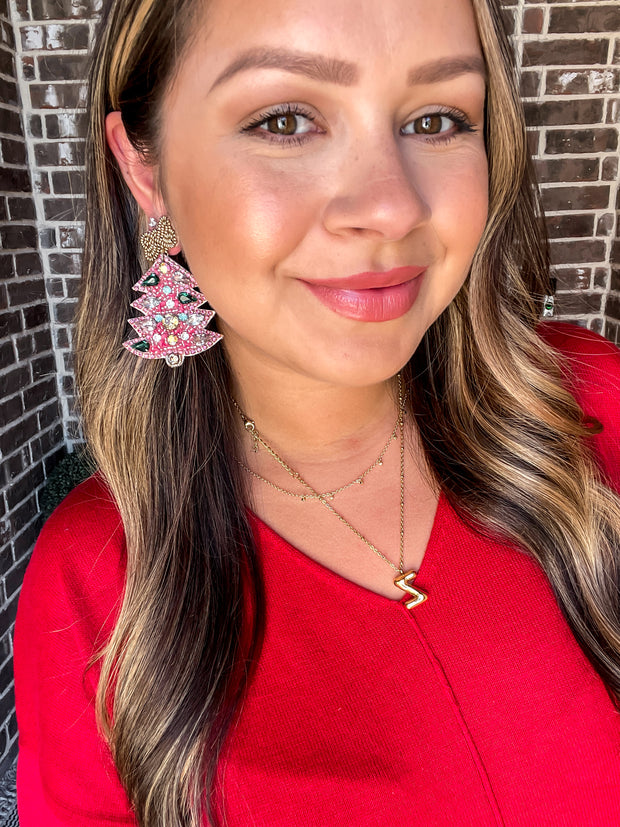 Pink Christmas Tree Earrings