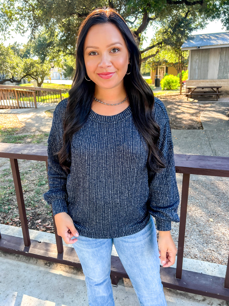 Marled Ribbed Knit Top - Navy