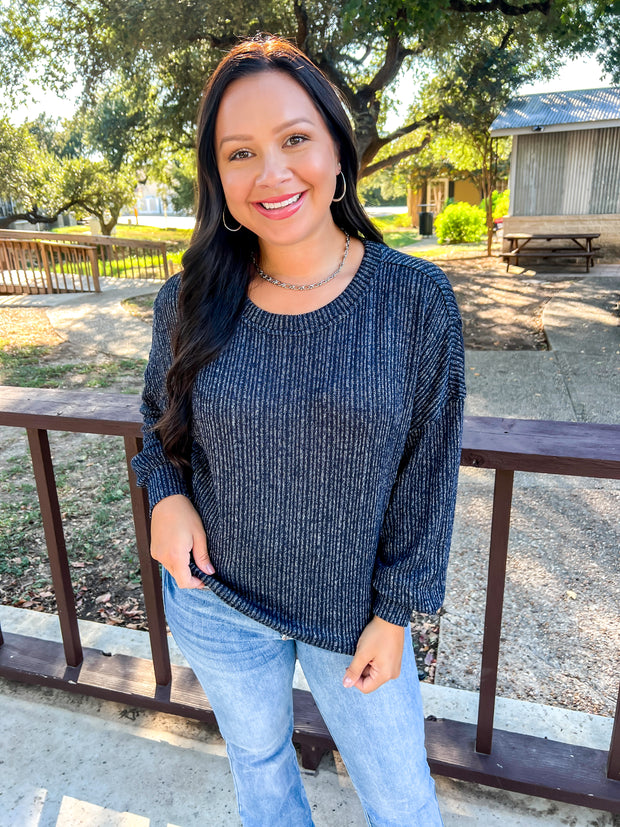 Marled Ribbed Knit Top - Navy