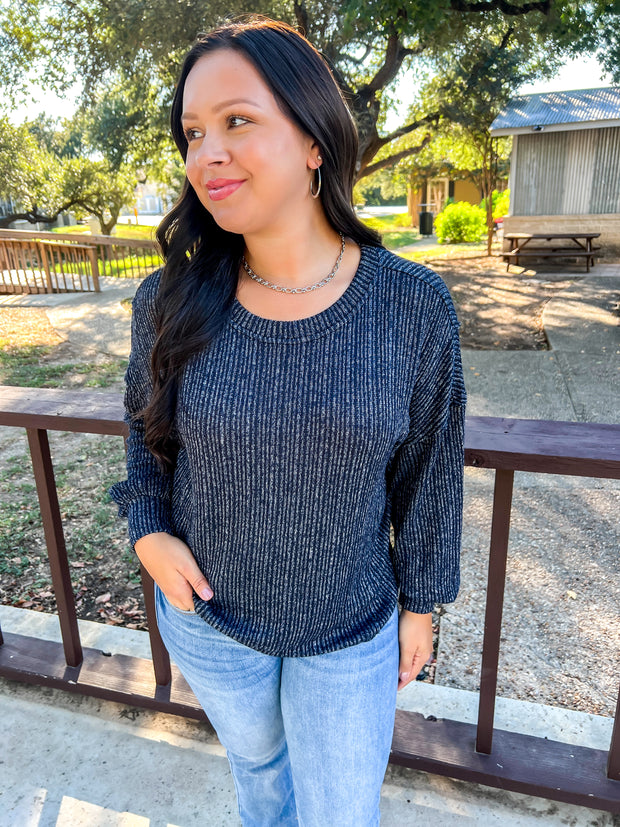 Marled Ribbed Knit Top - Navy