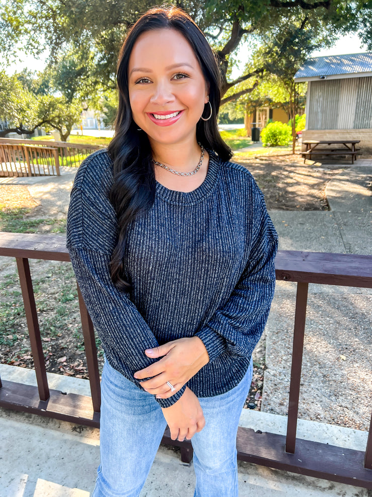 Marled Ribbed Knit Top - Navy